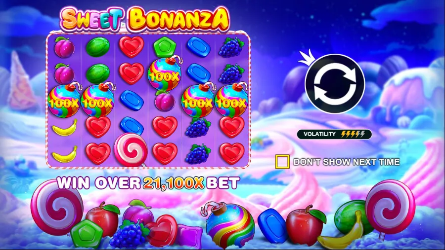 Fonctionnalité bombes multiplicatrices Sweet Bonanza montrant des bombes bonbons arc-en-ciel avec diverses valeurs multiplicatrices