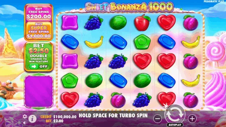 Interface mode démo Sweet Bonanza montrant un gameplay sans risque avec des crédits virtuels